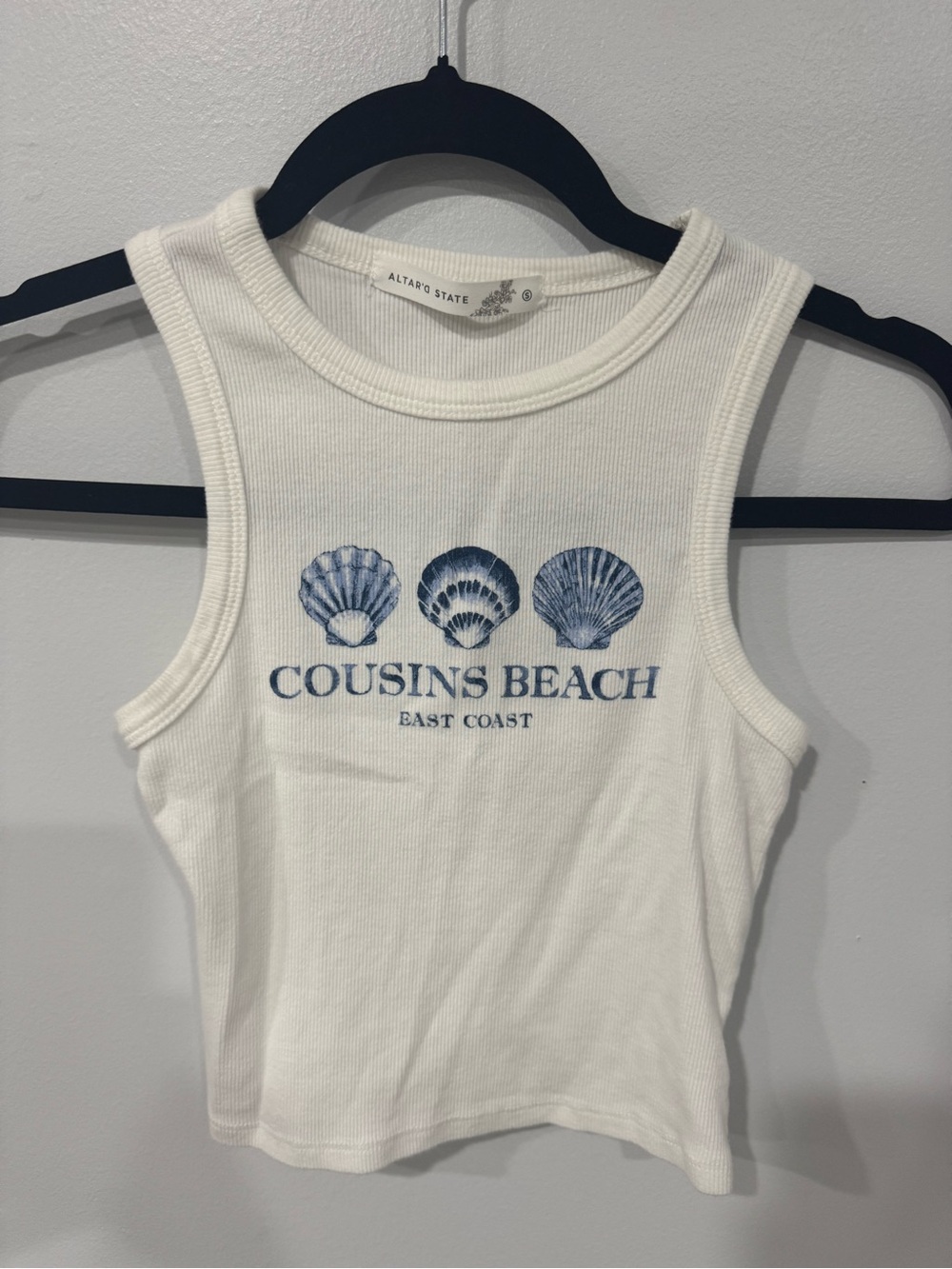Altar'd State White Ribbed Tank with Blue Seashell Graphic